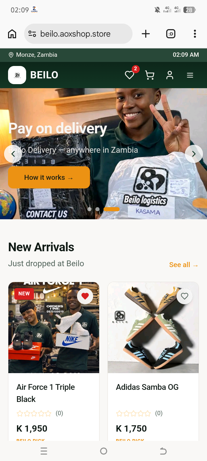 Beilo — Sneaker & lifestyle e-commerce with pay-on-delivery across Zambia.