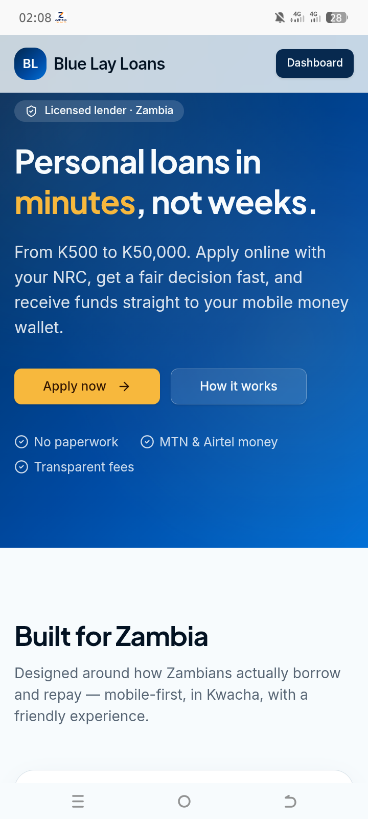 Blue Lay Loans — Personal loans in minutes, not weeks — for Zambia.